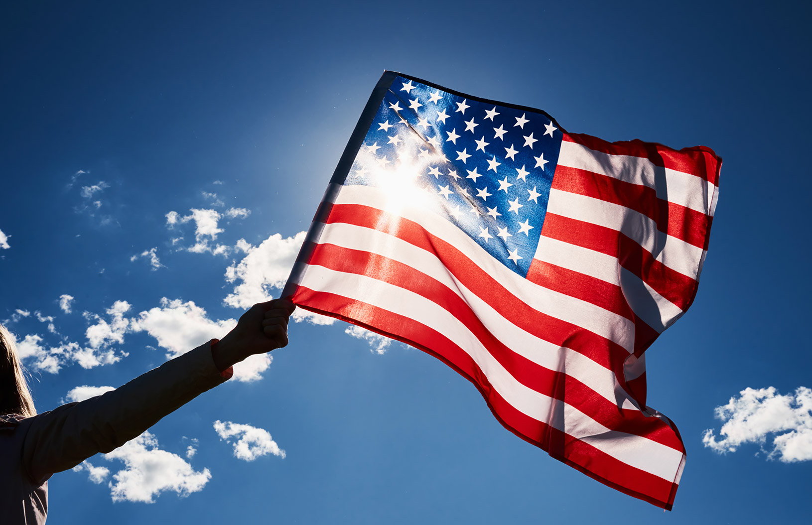 Hand holding an American flag.