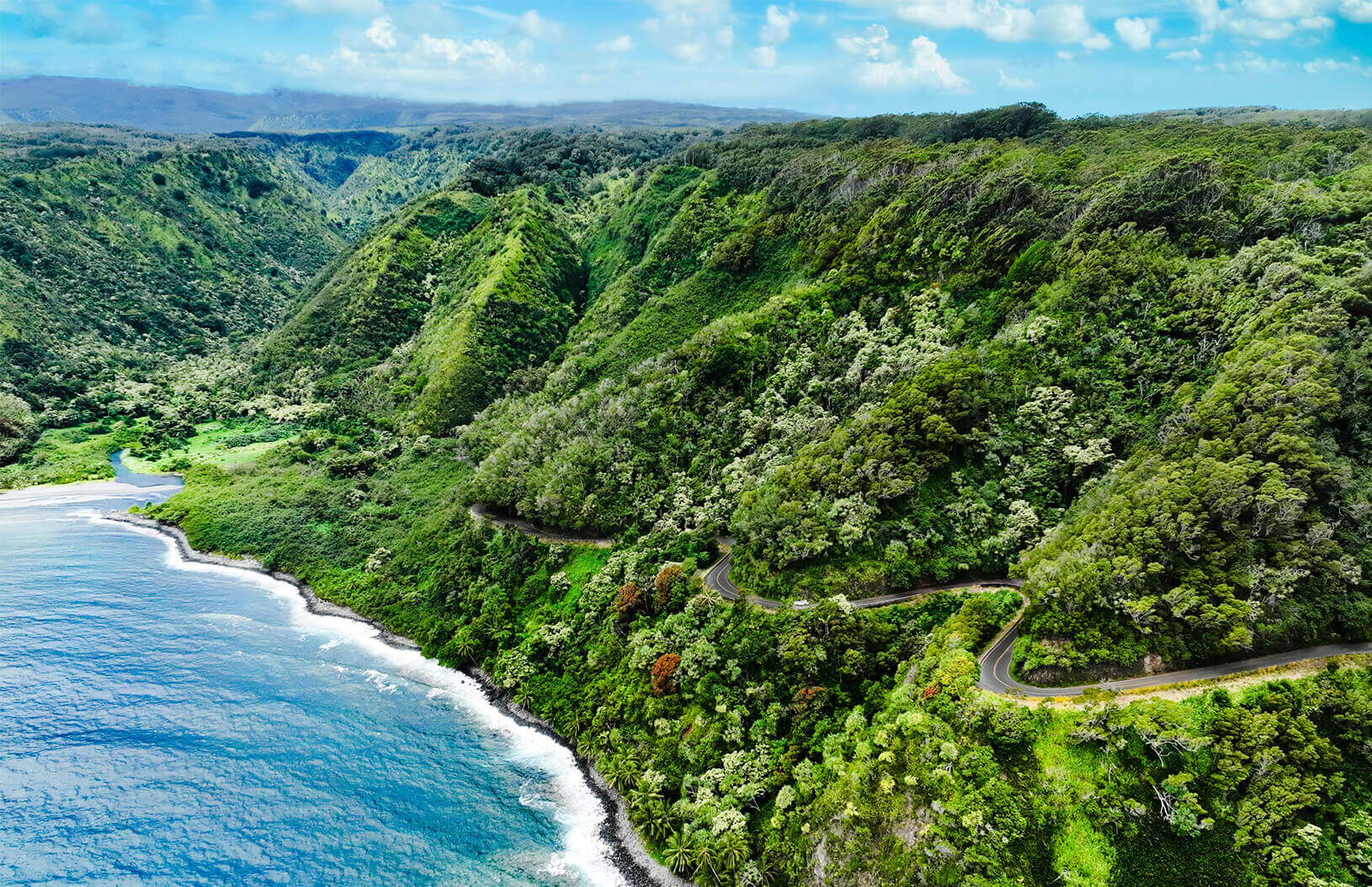 Aerial view of lush green mountain side and blue ocean below
